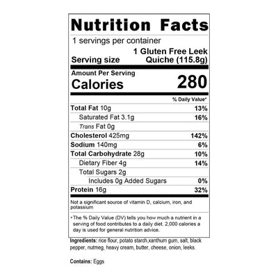 Leek Quiche (Box of 12) Nutrition Facts